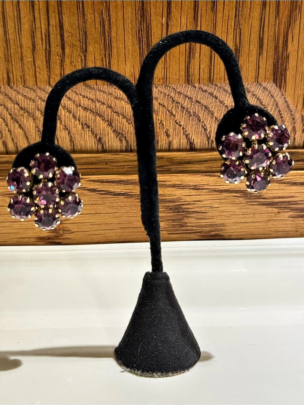 Vintage Mid-Century Purple Uranium Glass Floral Cluster Earrings